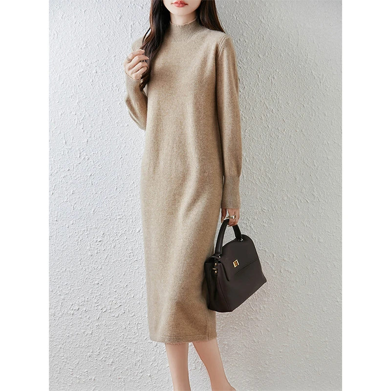 100%纯羊毛半高领长款连衣裙女秋冬季慵懒风长袖毛衣裙气质针织裙