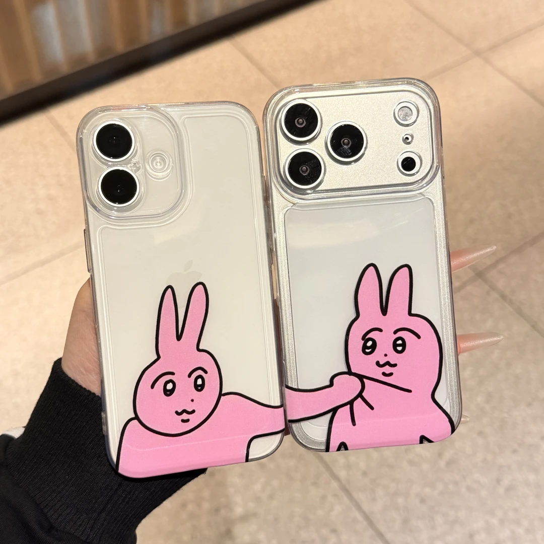 卡通搞怪粉兔子情侣手机壳适用苹果17p太空壳16promax小米华为15