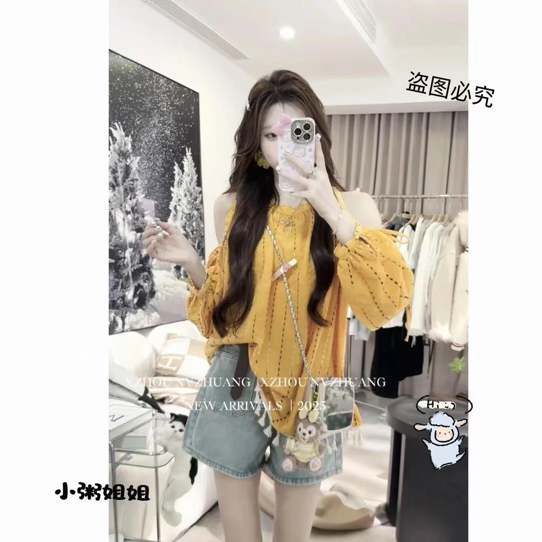 【XZ05.14】橘黄色圆领露肩衬衫女2025夏季新款时尚设计感上衣