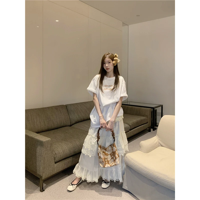 印花设计感小众宽松短袖T恤上衣+蕾丝蛋糕半身裙套装 17396