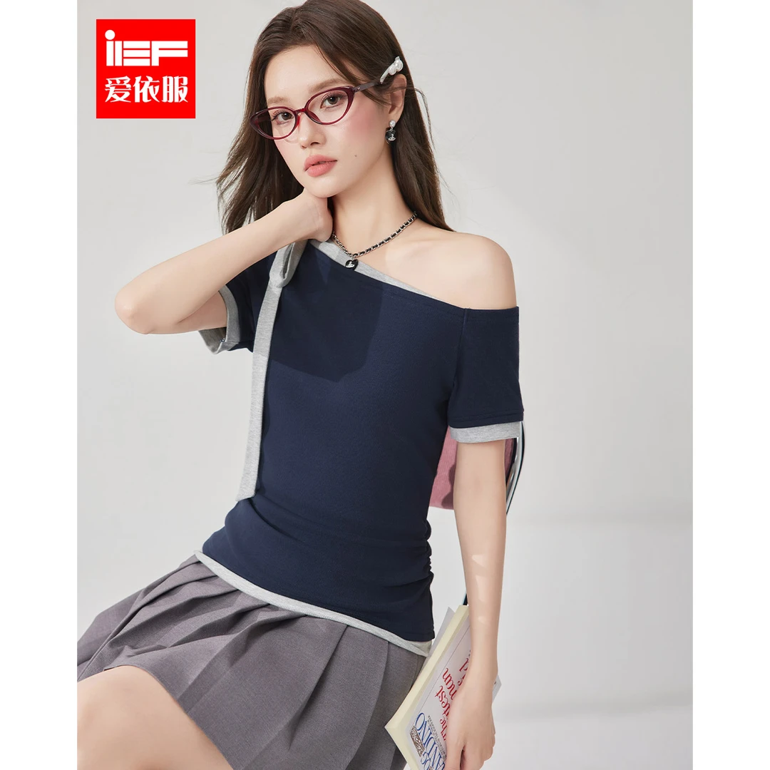 IEF/爱依服2025夏季新款法式温柔小女人气质纯欲风设计感斜肩上衣