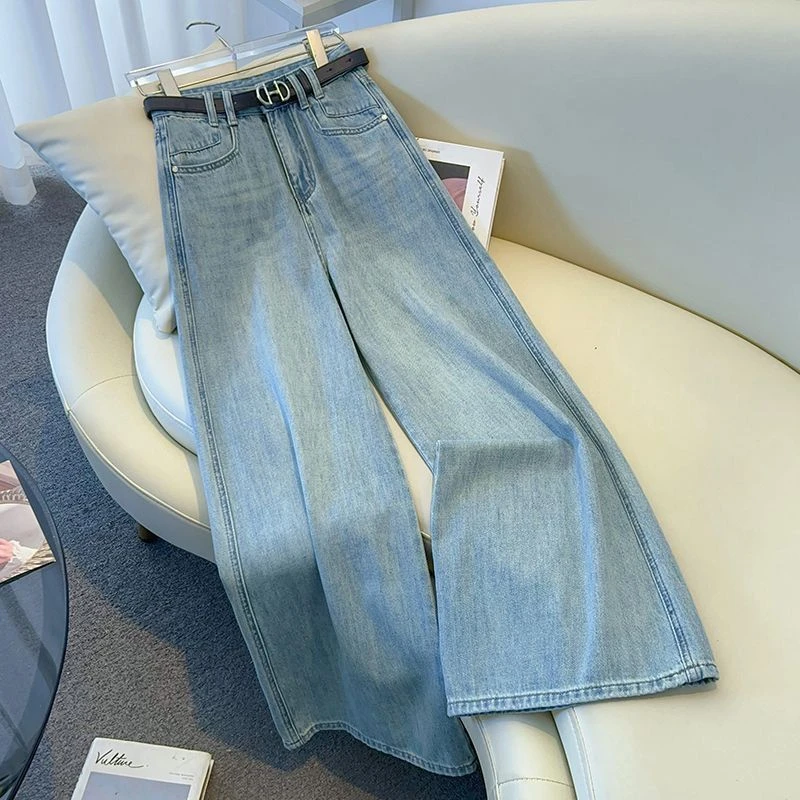 浅色阔腿拖地裤女2025新款春秋薄款梨形遮肉休闲裤垂感软牛仔裤子