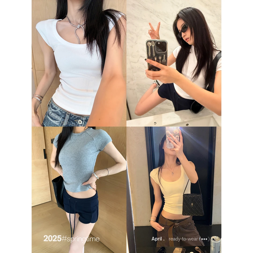 SUNONEONE 圆领插肩袖T恤女夏正肩短款修身美式短袖上衣H0980T