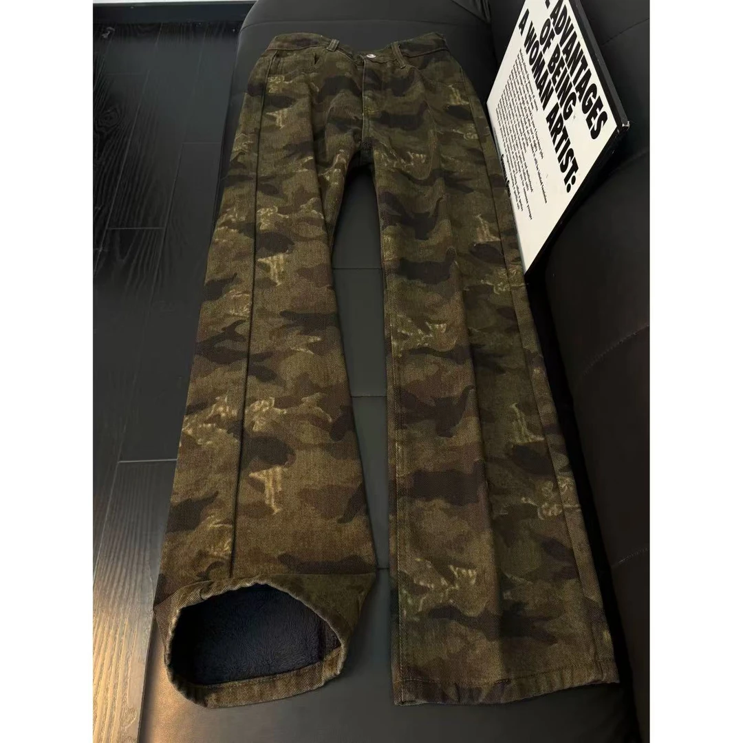 秋冬加绒美式复古高街迷彩牛仔裤男款直筒裤子vibe痞帅显瘦微喇裤