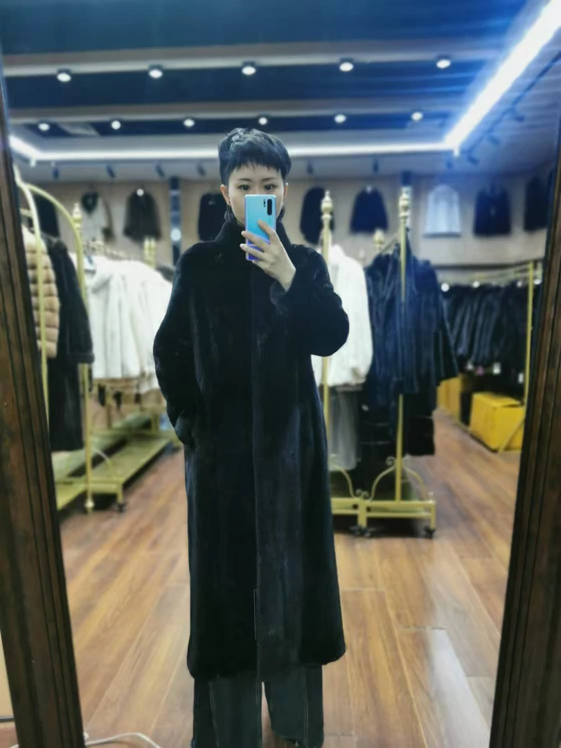 新款进口水貂大衣女中长款立领黑色水貂皮草外套