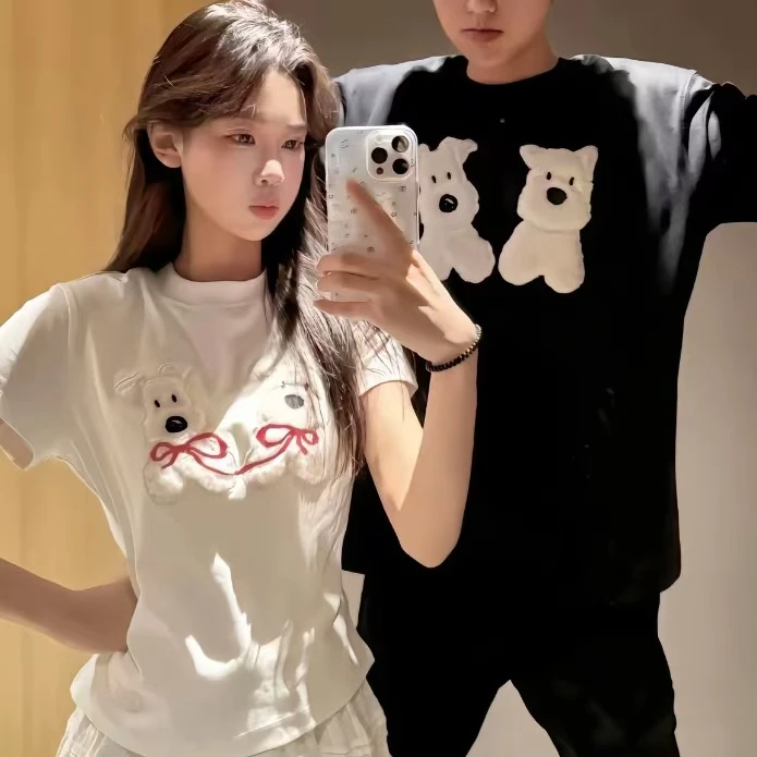 美式复古可爱新款小狗情侣男女短袖t恤夏季宽松正肩宽松棉上衣