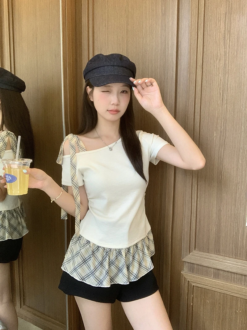 2025夏装新款胖mm大码女韩版休闲百搭露肩拼接格子绑带短袖T恤