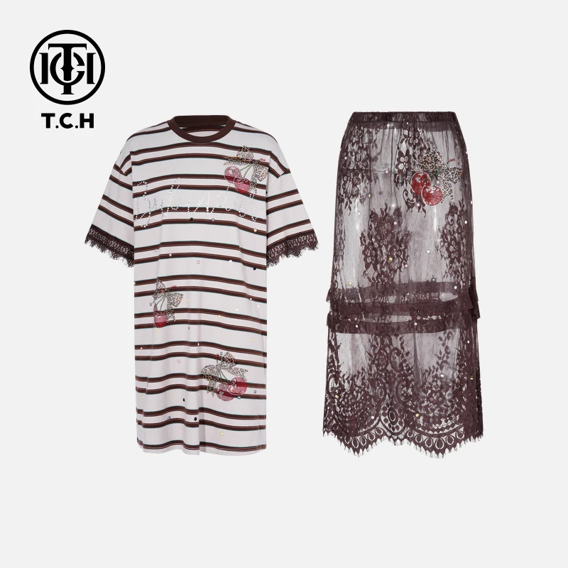 TCH私服烫钻工艺设计感樱桃印花时尚套装女T75B07E1026轻奢tch