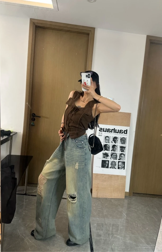 【富士山下】竺麻绑带背心/破洞牛仔裤