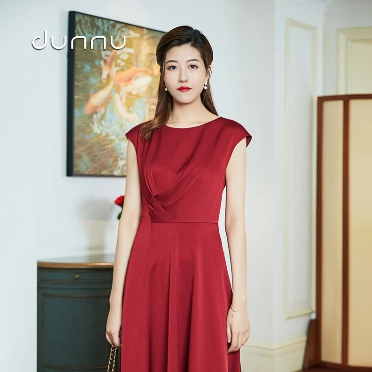 dunnu敦奴气质红色X版型收腰垂感连衣裙DR150002