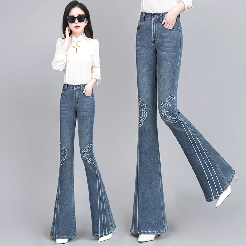 国风刺绣喇叭裤喇叭显瘦复古新款牛仔裤高腰春秋修身长裤微喇叭