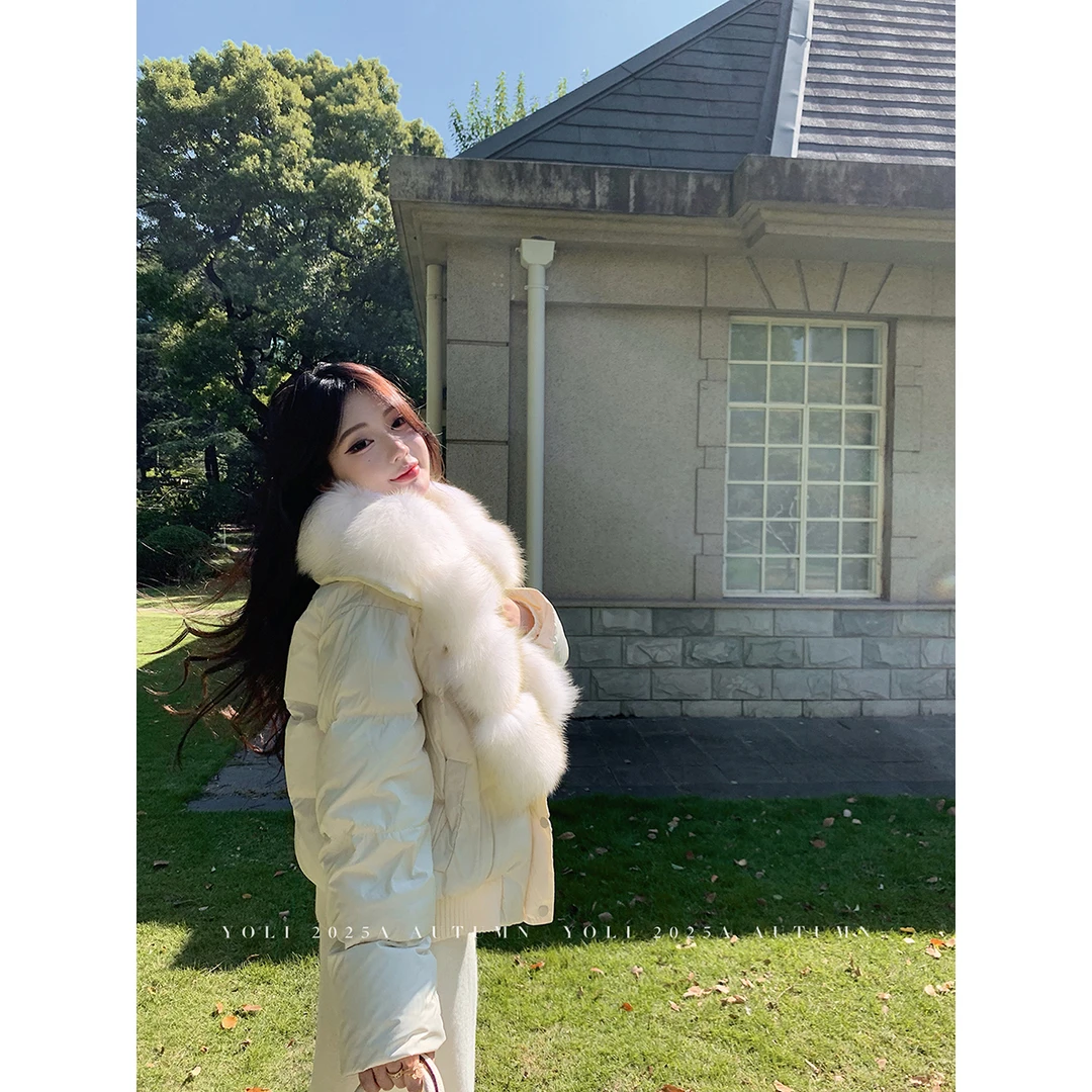 YOLI张宥利"雪花华尔兹"白色狐狸毛领羽绒服女冬白鸭绒保暖厚外套