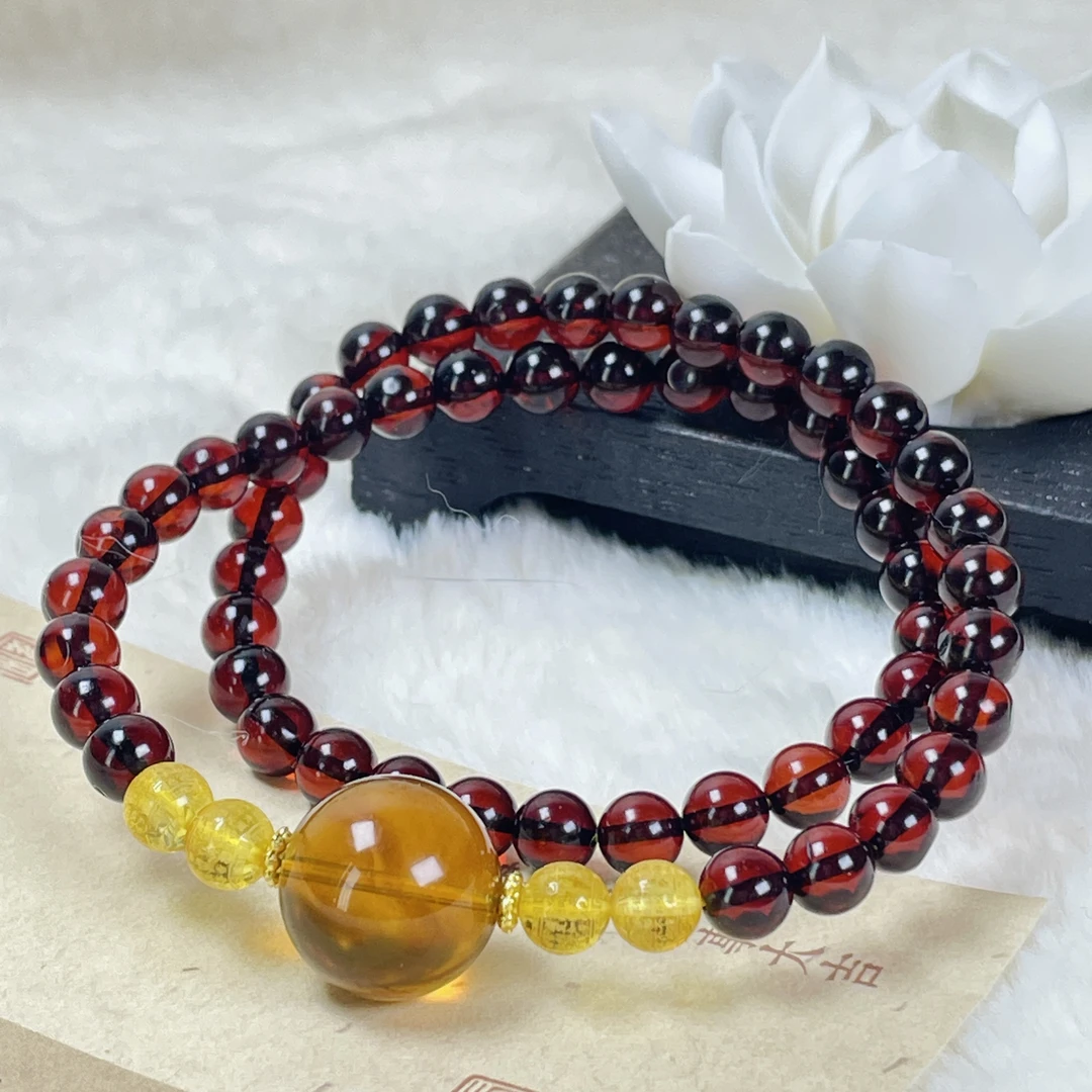 芷桦珠宝-天然缅甸灵草珀15+mm6+mm血珀金珀手链手串双圈设计款
