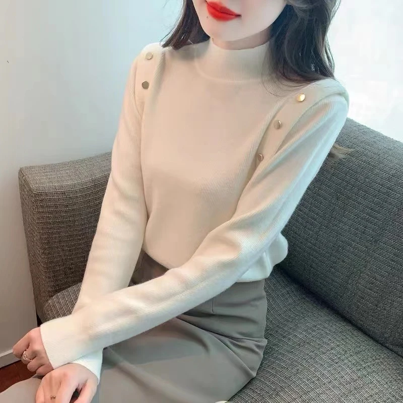 2025韩版设计感小众长袖毛衣新款修身内搭半高领打底针织衫女