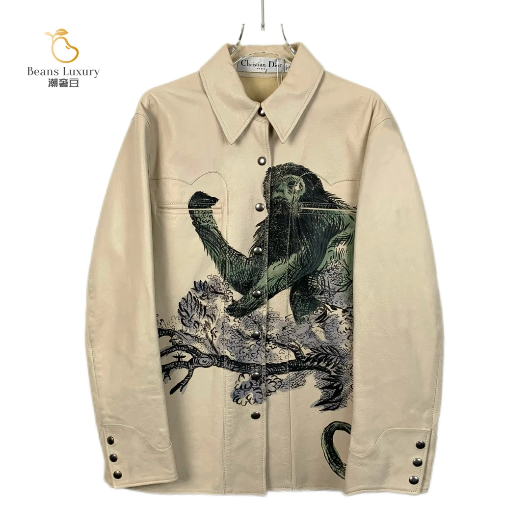 95新 DIOR/迪奥 米色猴子印花翻领羊皮革外套/X12988