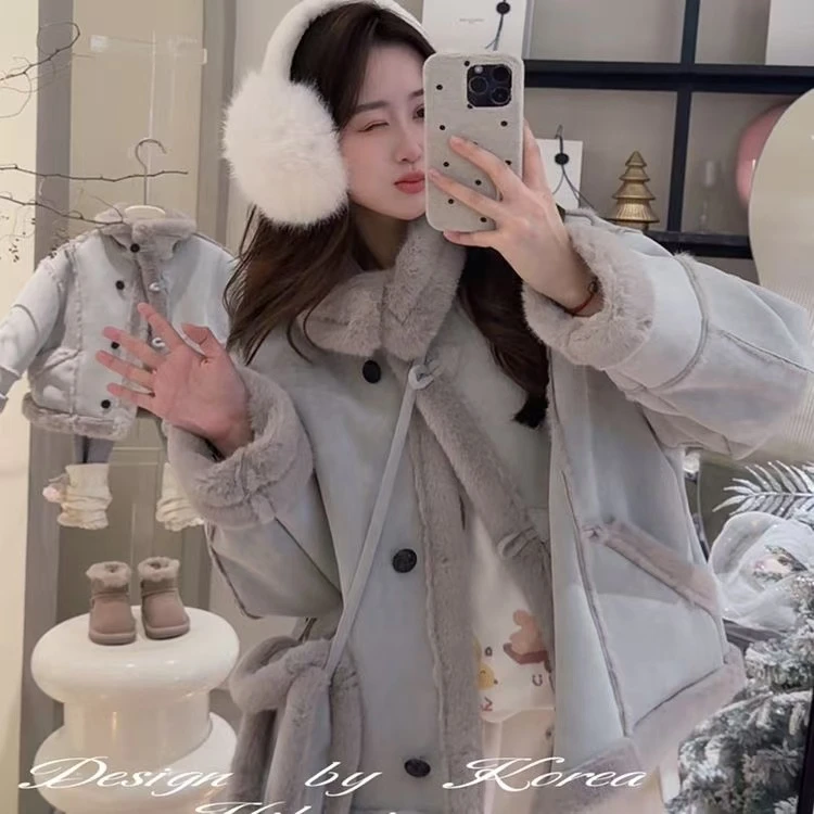 女童皮毛一体加绒加厚外套2024新款冬装儿童亲子装外套上衣百搭