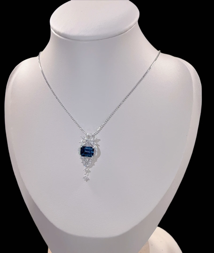 坠链均925银 925纯银坠链镶石伦敦蓝吊坠 气质银色轻奢精致手工