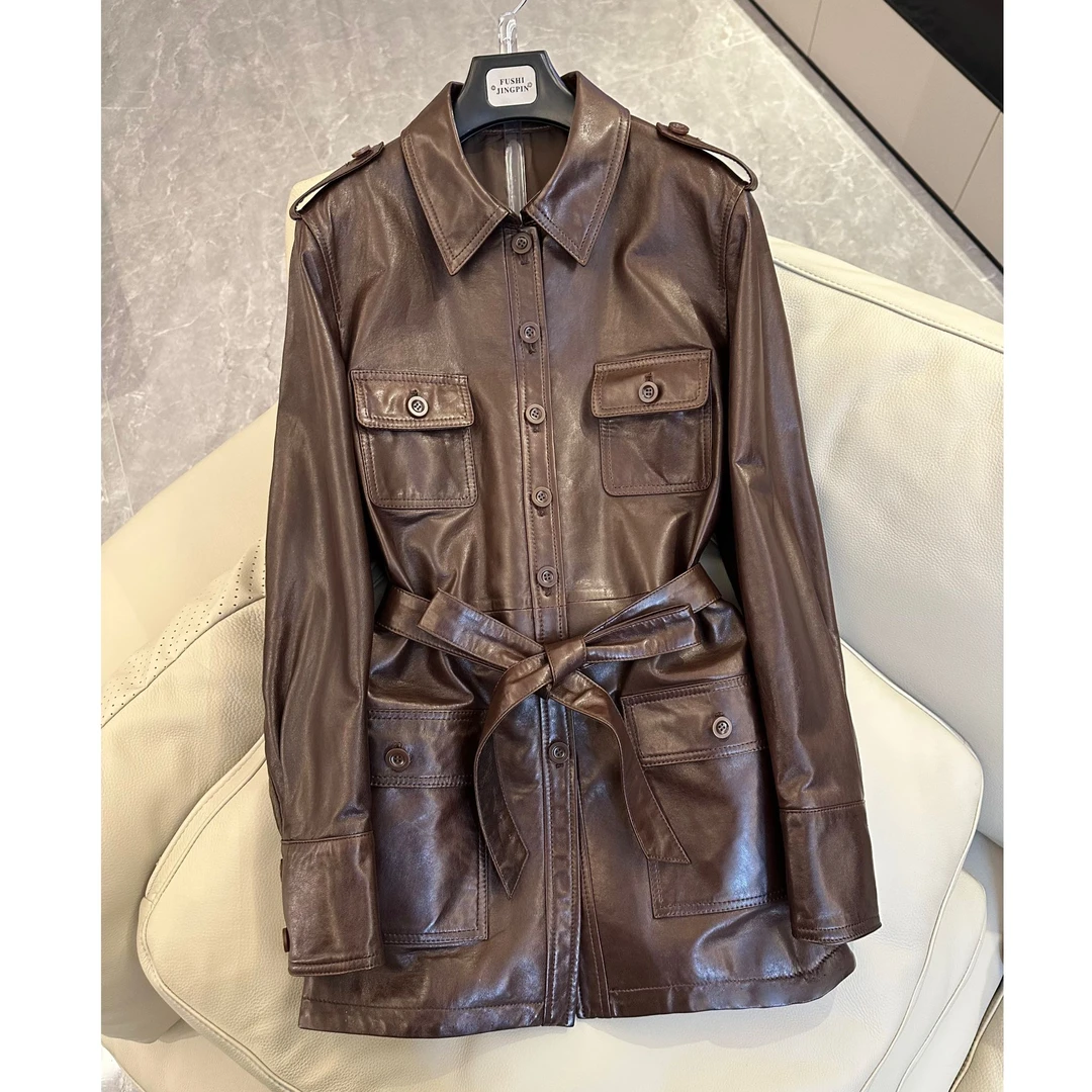 真皮油蜡小羊皮中长款腰带收腰翻领复古休闲猎装工装风衣外套女