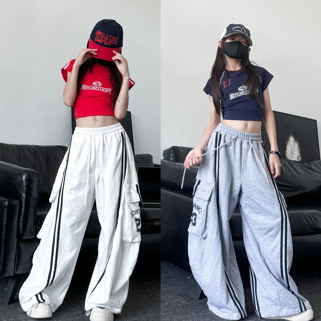 2025春夏新款女童美式短袖T恤宽松运动卫裤女团爵士舞演出服套装