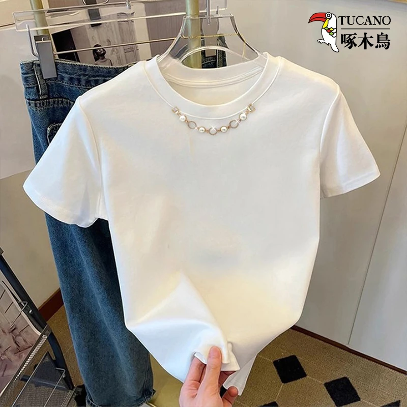 啄木鸟女装夏季新款圆领短袖T恤宽松显瘦上衣设计感小众百搭小衫
