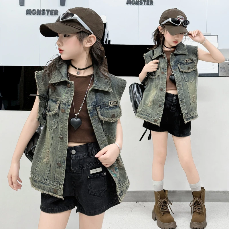 女童牛仔马甲2025新款春夏休闲洋气6-15岁宽松外穿儿童上衣潮酷