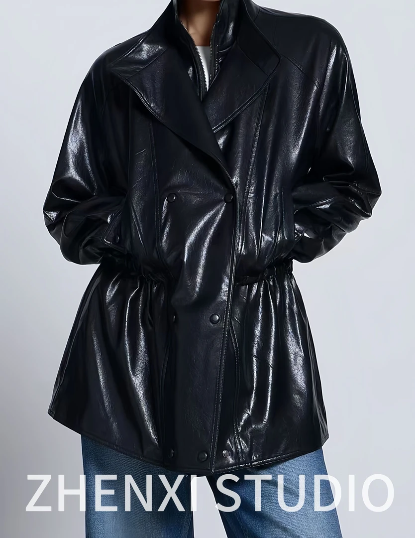 ZHENXI【慕尼黑】高个子穿搭经典黑色皮衣女士气质外套25QDFF0120