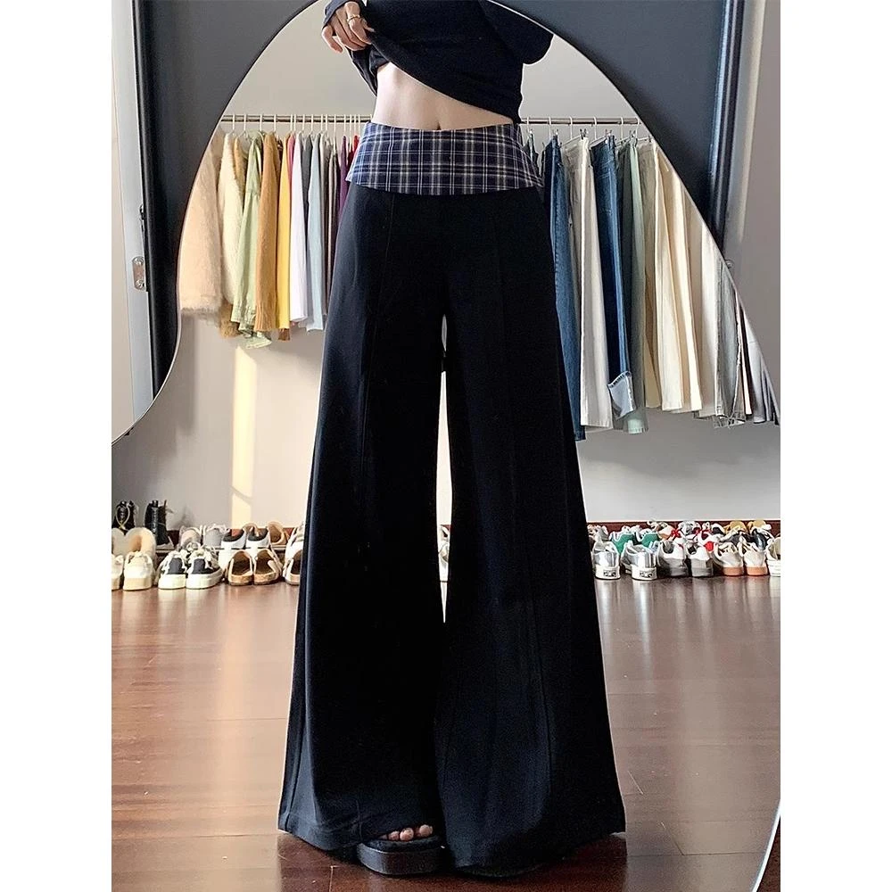 黑格纹拼接垂感早春新款西装裤女直筒休闲阔腿裤