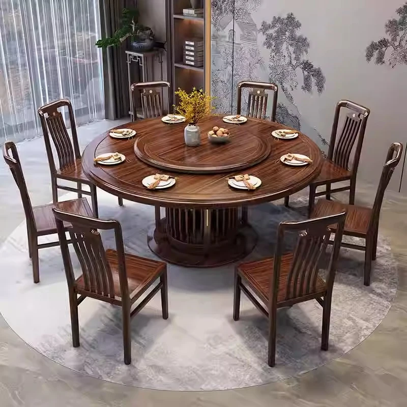 乌金木实木圆餐桌带转盘现新中式家用餐厅1.8米餐桌椅组合饭桌