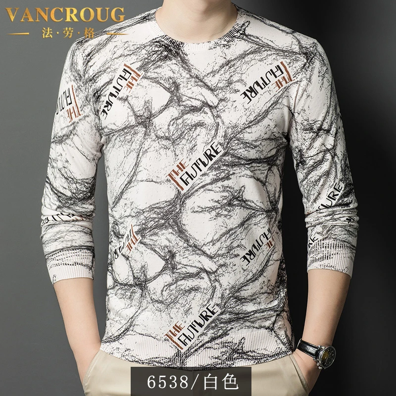 VANCROUG/法劳格针织衫男士秋季时尚潮流痞帅个性印花圆领上衣