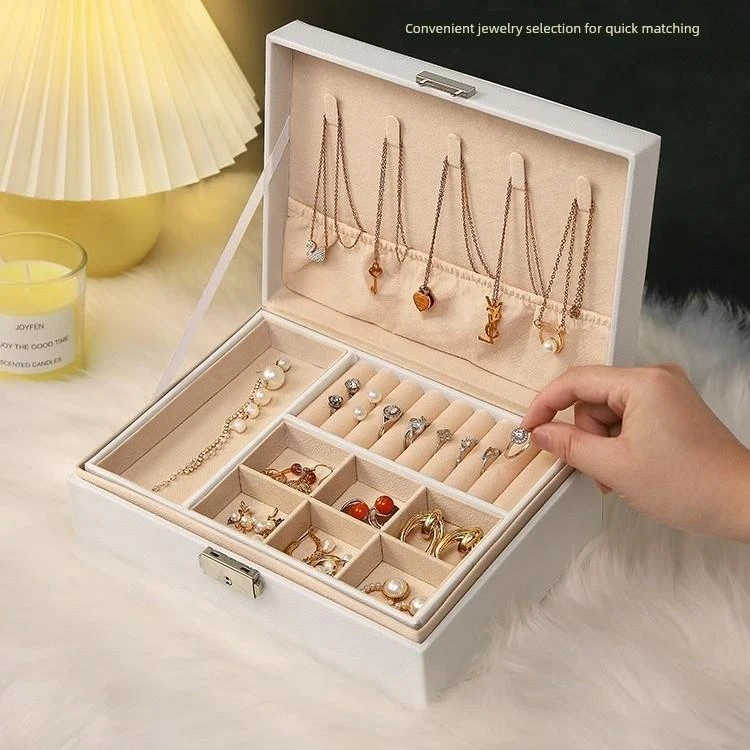 皮革双层带锁首饰盒大容量耳钉项炼手镯珠宝收纳盒轻奢多层收藏盒