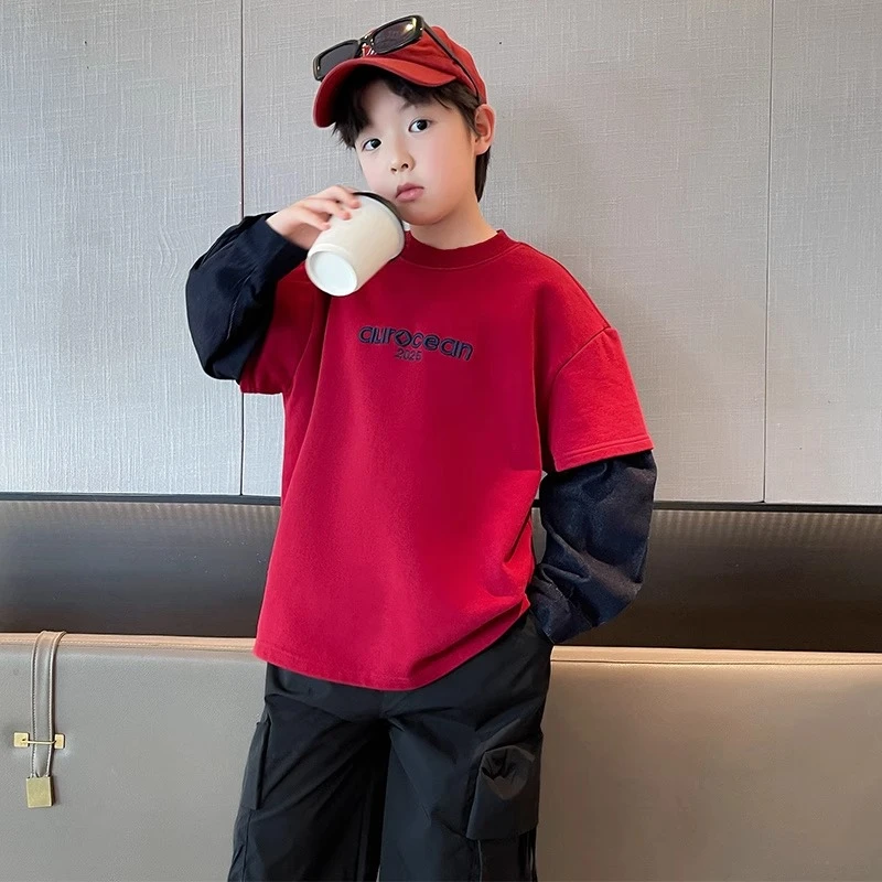 男童假两件红色卫衣儿童装痞帅洋气帅气春装内搭中大童长袖打底衫