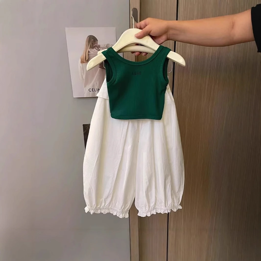 2025夏韩版女童套装宝宝时髦镂空字母背心吊带上衣辣妹儿童休闲裤