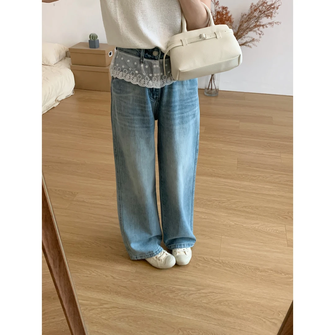 66809#韩系蕾丝拼接显瘦百搭直筒牛仔裤