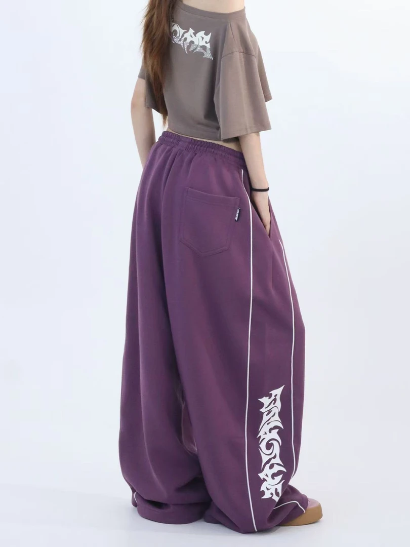 Y-C自创紫色嘻哈夹条香蕉长裤凉感美式辣妹运动裤休闲阔腿街舞裤