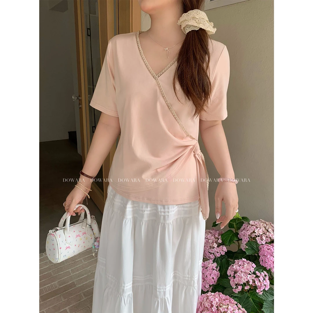 现货8343x大婉酱千千微胖定制法式蕾丝拼接V领正肩短袖夏显瘦上衣