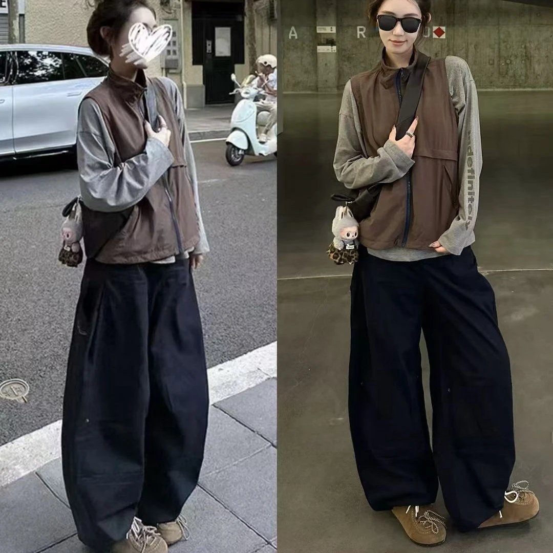 大码胖mm韩系松弛感穿搭灰色打底咖色马甲搭配休闲阔腿裤女