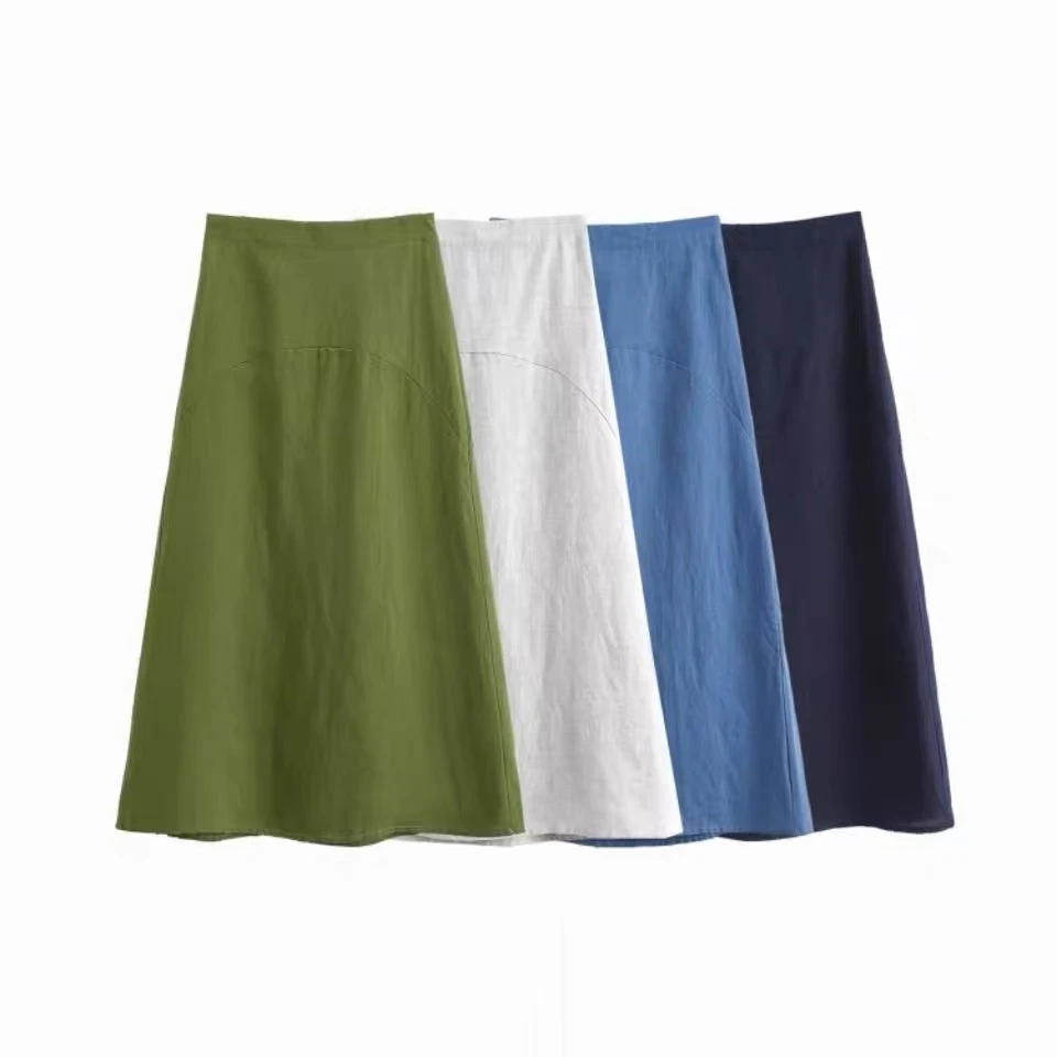 新款半身裙显瘦纯色拼接A字休闲风百搭高腰绿色裙子