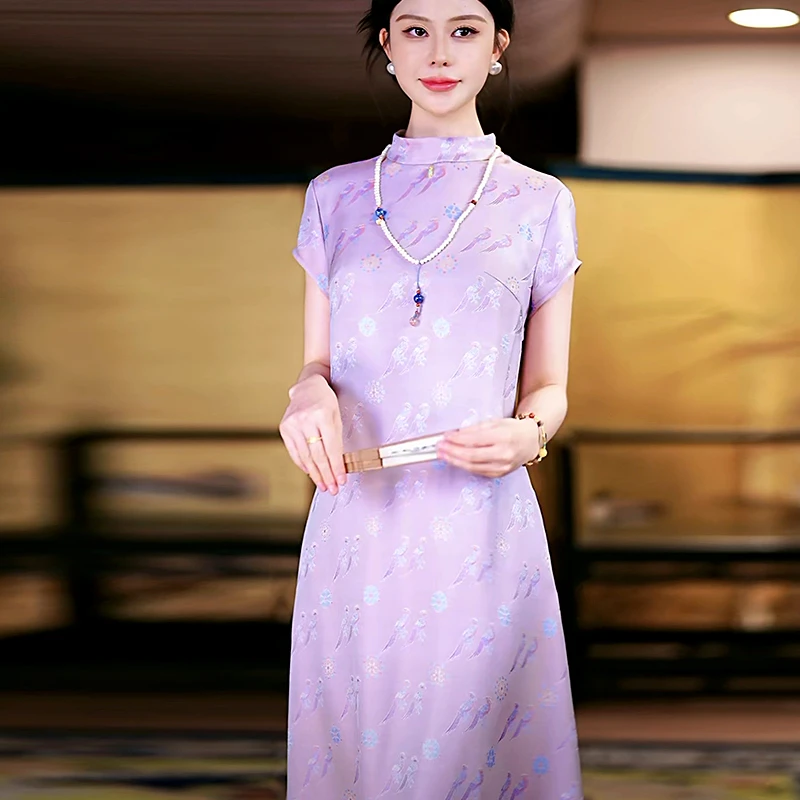 复古日记“比翼齐飞”100桑蚕丝双面异色罗减龄连衣裙25FLT631