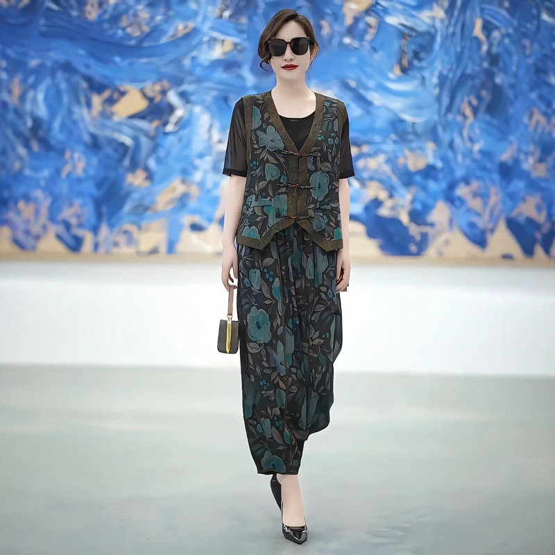 75810原创大码复古高级感新中式国风盘扣马甲阔腿裤妈妈两件套装