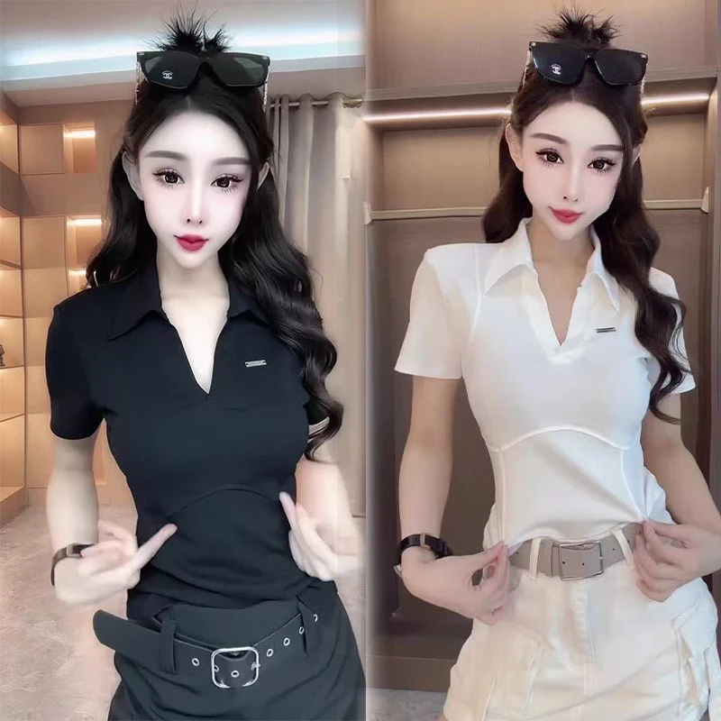 纯色翻领短袖少女风POLO领T恤时尚夏季修身收腰不规则上衣