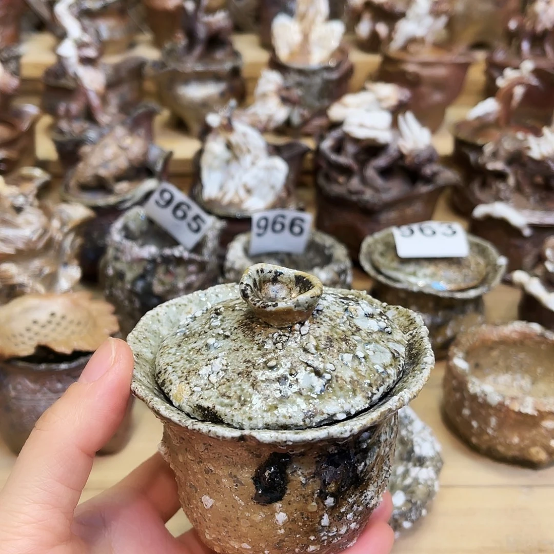 瓶柴烧石头手捏盖碗复烧