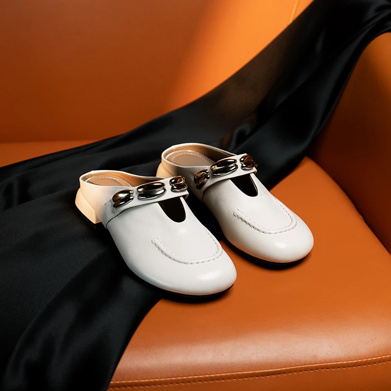 【牛皮仙】跟高3cm/鞋码33-42/夏季新款外穿真皮包头拖白色半包拖鞋