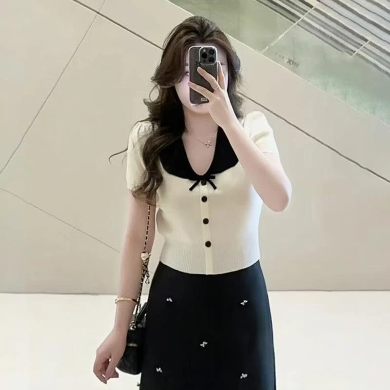 大码女装胖mm法式娃娃领针织短袖T恤夏季薄款设计感小众显瘦上衣