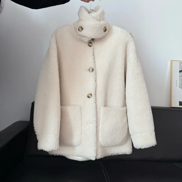 反季促销可立可翻羊毛颗粒外套白色宽松休闲百搭短款