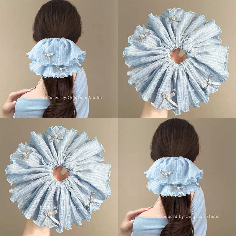 法式冰川蓝~蝴蝶结珍珠荷叶边大肠发圈女韩国东大门高级感盘发器