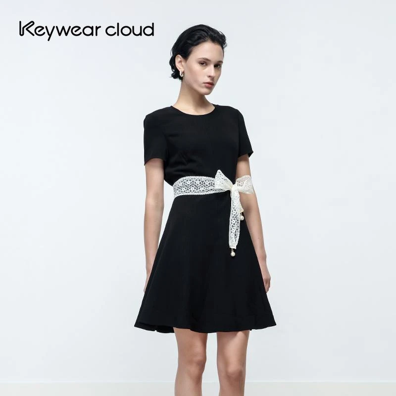 Keywearcloud奇威秋季气质通勤气质中长款A字裙小黑裙连衣裙