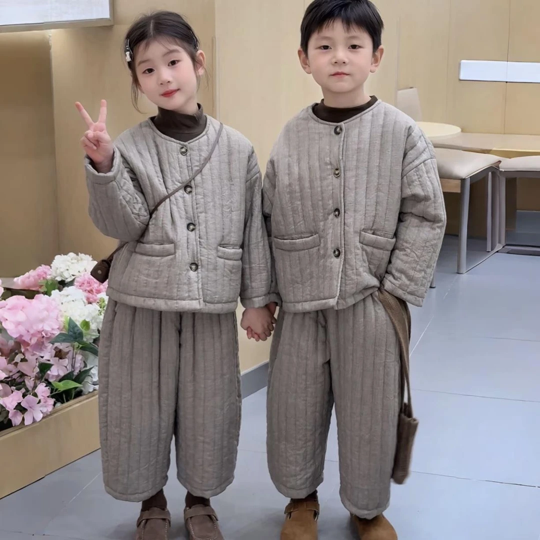 男女童套装2025秋冬新款儿童韩版圆领夹棉棉服棉衣宝宝加厚套装