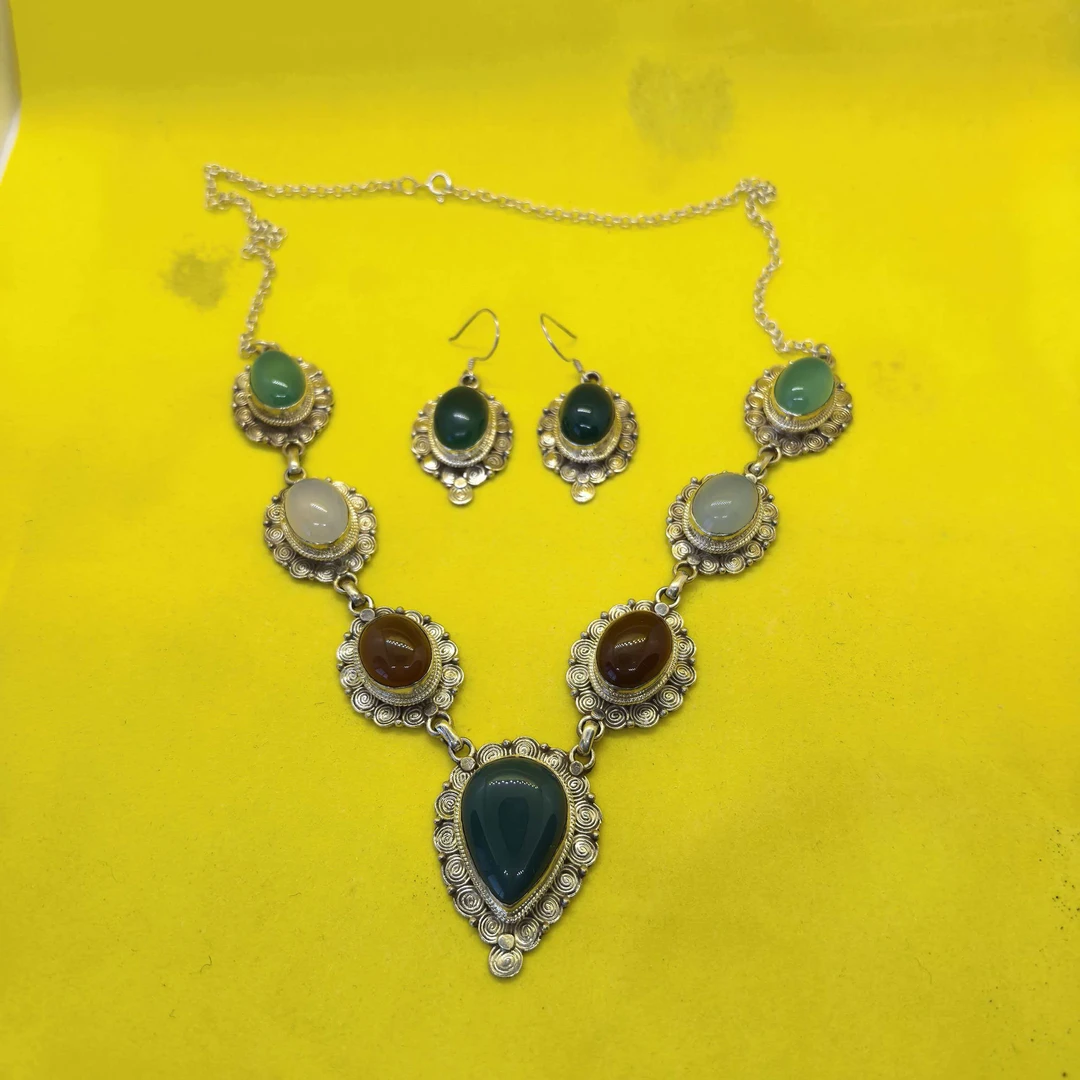 坠链均925银 尼泊尔复古925银项链耳坠套装掐丝工艺