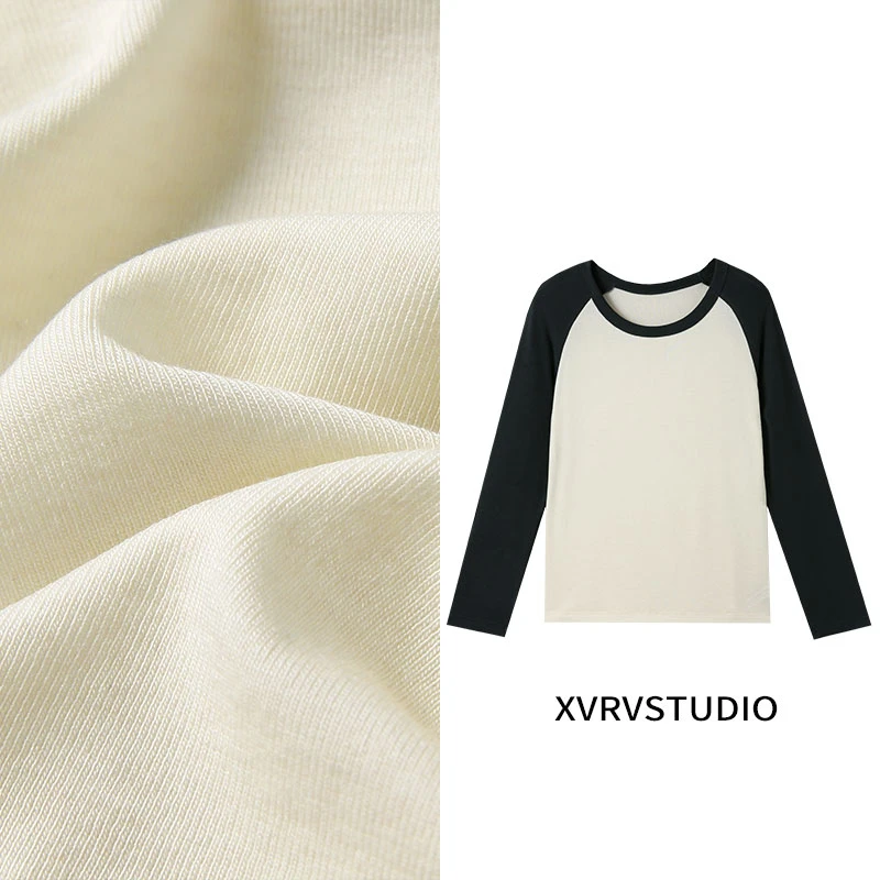 XVRV秋季2025新款羊毛天丝醋酸运动上衣插肩打底衣撞袖长袖T恤