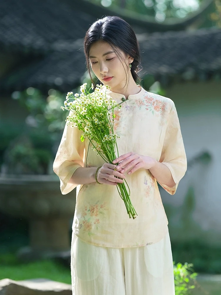 文艺风2025夏季新款上衣中式女装中国风宽松复古印花衬衫9209#